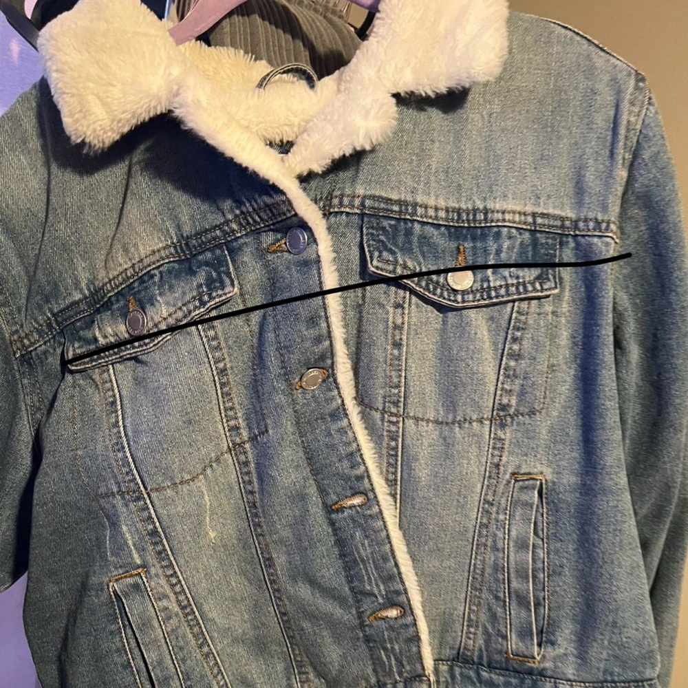 Women's Blue Denim Jacket with White Fur Collar